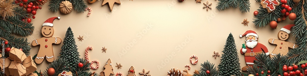 Christmas Wreath with Santa, Gingerbread Men, Candy Canes, Baubles, Pine Cones on Winter Backdrop for Marketing Materials or Festive Content Christmas Wreath with Santa, Gingerbread Men, Candy Canes, Baubles, Pine Cones on Winter Backdrop for Marketing Materials or Festive Content