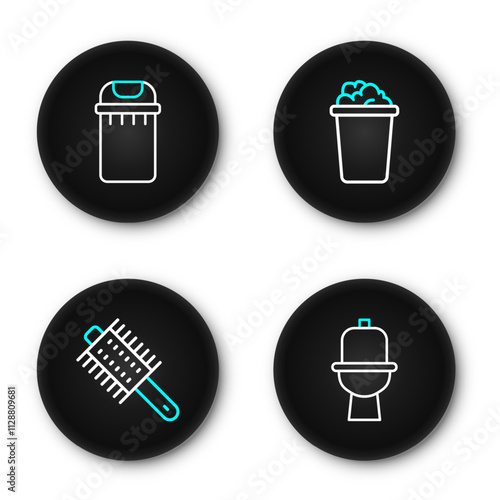 Set line Toilet bowl, Hairbrush, Bucket with soap suds and Trash can icon. Vector