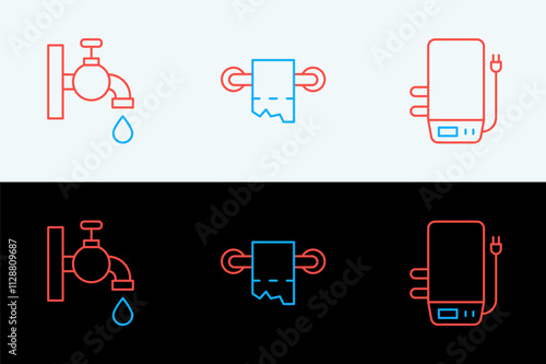 Set line Electric boiler, Water tap and Toilet paper roll icon. Vector