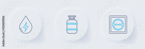Set line Electrical outlet, Propane gas tank and Water energy icon. Vector