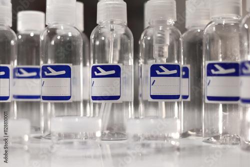 Small, transparent, plastic liquid bottles for plane traveling. Blank label with blue plane icon.