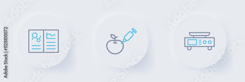Set line Electronic scales, Genetically modified apple and Clinical record icon. Vector