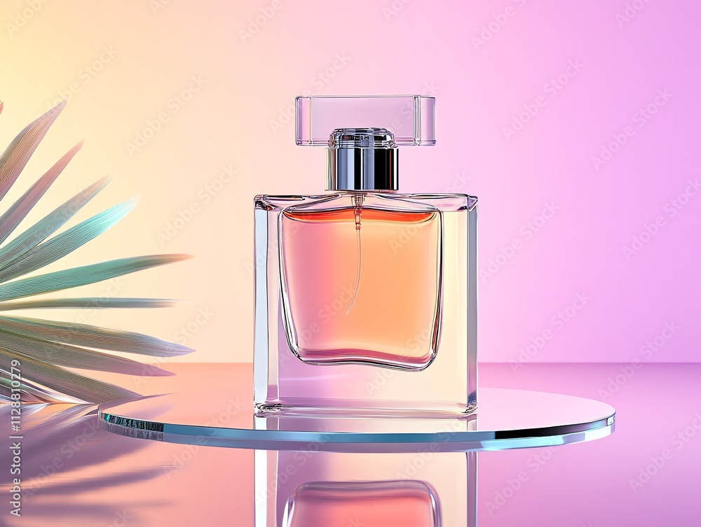 Minimalist glass fragrance bottle on a mirrored surface, with soft pastel lighting Minimalist glass fragrance bottle on a mirrored surface, with soft pastel lighting