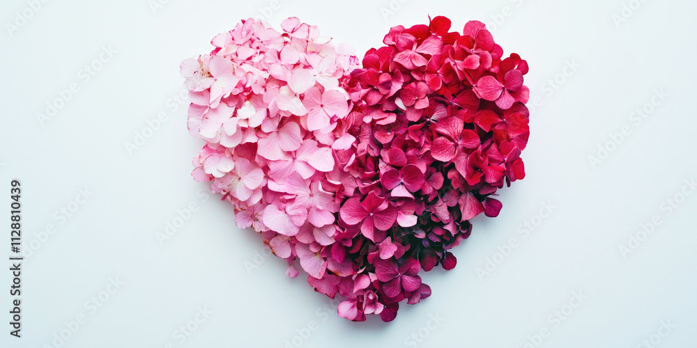 A heart shape filled with a soft gradient of pink and red flowers creates a romantic atmosphere A heart shape filled with a soft gradient of pink and red flowers creates a romantic atmosphere