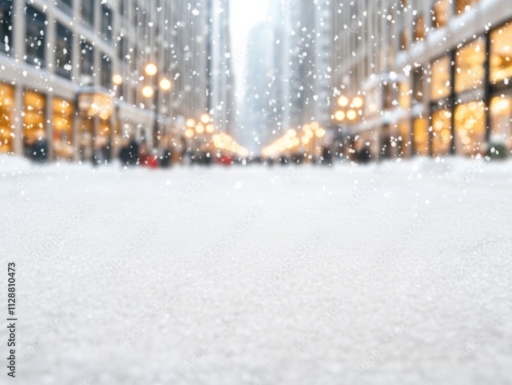 Bustling Winter Street with Holiday Lights and Snowfall Bustling Winter Street with Holiday Lights and Snowfall