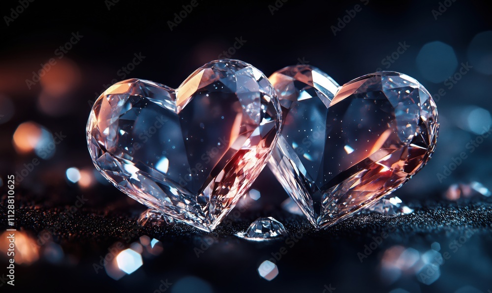 Heart-shaped diamonds sparkling on dark background, reflections and bokeh effects create enchanting atmosphere Heart-shaped diamonds sparkling on dark background, reflections and bokeh effects create enchanting atmosphere