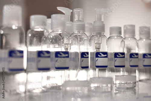 Small, transparent, plastic liquid bottles for plane traveling. Blank label with blue plane icon.
