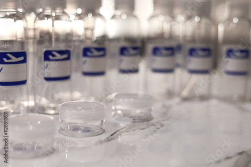 Small, transparent, plastic liquid bottles for plane traveling. Blank label with blue plane icon.