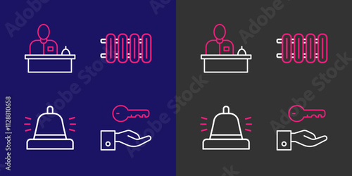 Set line Hotel door lock key, service bell, Heating radiator and reception desk icon. Vector