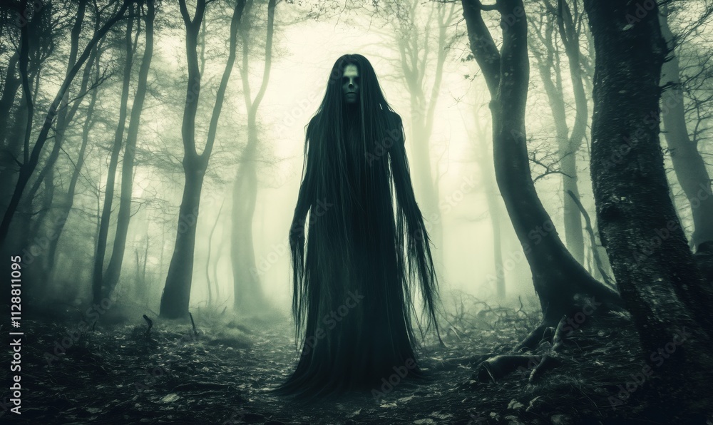 Eerie figure in misty forest, tall dark silhouette with long hair, haunting atmosphere, surrounded by trees, fog enveloping ground Eerie figure in misty forest, tall dark silhouette with long hair, haunting atmosphere, surrounded by trees, fog enveloping ground