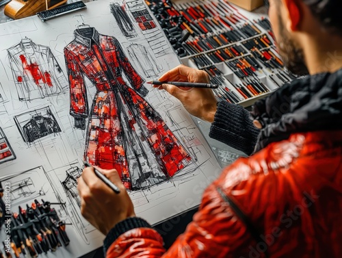 Fashion designer makes sketches of future clothes, he participates in all stages of creating closet items