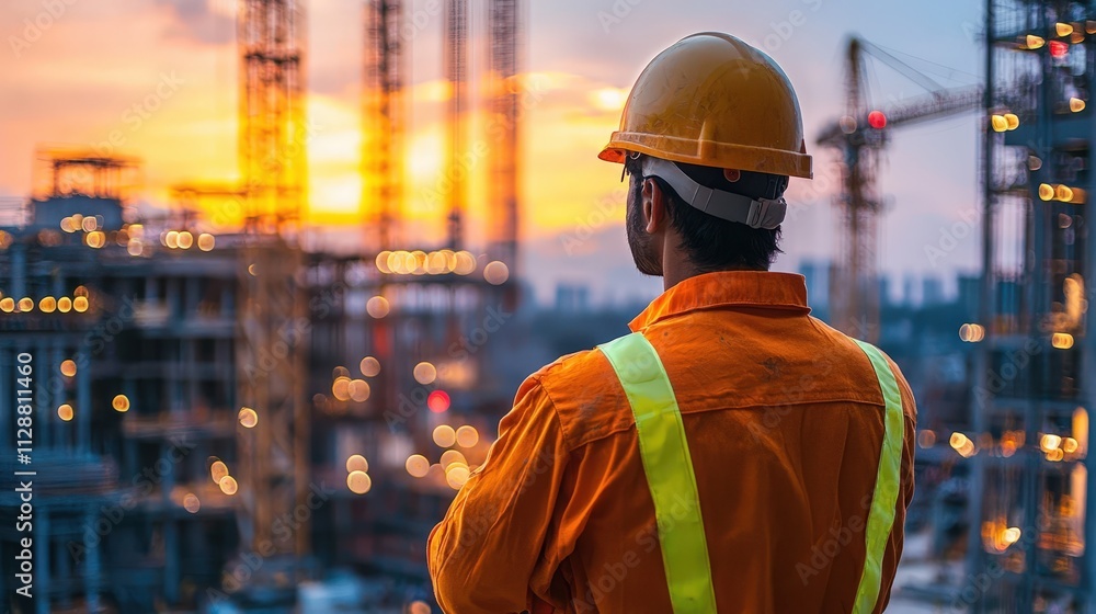 Builder in a construction helmet is involved in the construction of building Builder in a construction helmet is involved in the construction of building