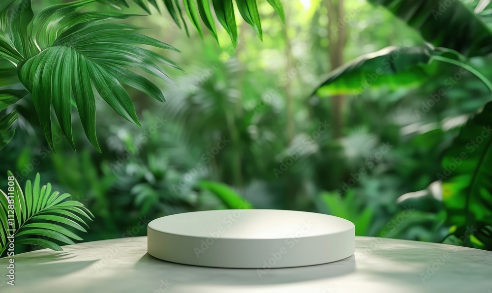 Empty display pedestal surrounded by lush greenery Empty display pedestal surrounded by lush greenery
