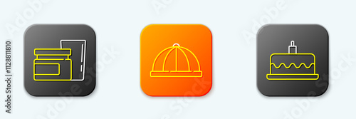 Set line Baby food, hat and Cake with burning candles icon. Vector