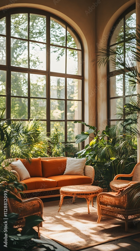 A cozy living room with rattan furniture, large windows, and plants. A cozy living room with rattan furniture, large windows, and plants.
