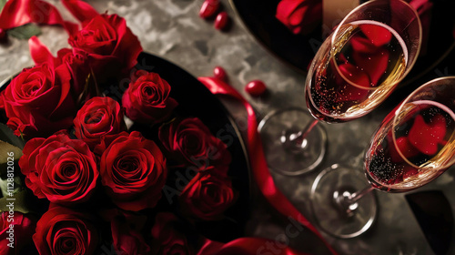 Fototapeta Naklejka Na Ścianę i Meble -  Luxury Valentine's background featuring red roses and champagne flutes for personalized moments