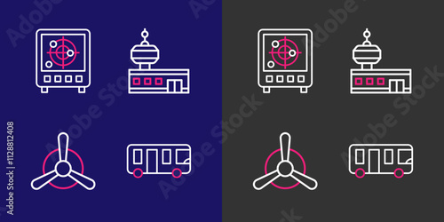 Set line Airport bus, Plane propeller, control tower and Radar with targets monitor icon. Vector