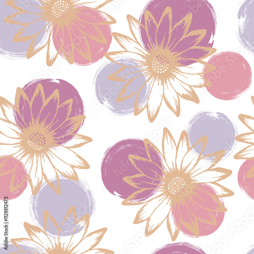 Chamomile romantic summer seamless pattern. Rudbeckia daisy blossom over circ...
