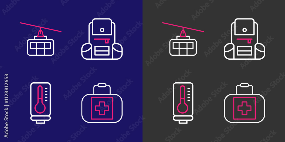 Set line First aid kit, Meteorology thermometer, Hiking backpack and Cable car icon. Vector Set line First aid kit, Meteorology thermometer, Hiking backpack and Cable car icon. Vector