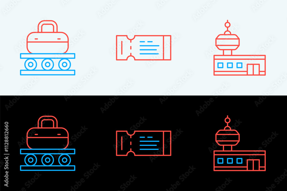 Set line Airport control tower, Conveyor belt with suitcase and Airline ticket icon. Vector Set line Airport control tower, Conveyor belt with suitcase and Airline ticket icon. Vector