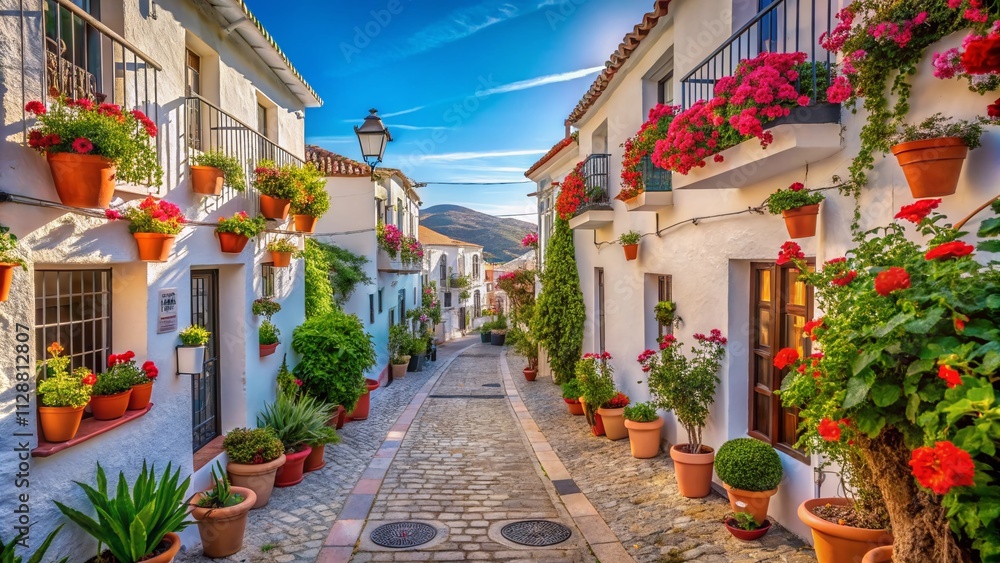 Fototapeta premium Charming Portrait of Mijas Village in Spain with Whitewashed Streets and New Year Decorations Under Bright Sunshine, Showcasing Flower Pots in a Peaceful Costa del Sol Setting