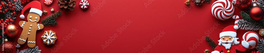 Holiday-themed Backdrop, Striking Red Banner with Festive Decorations, Pristine White Surface, Arrangement of Gift Wrapping Elements Holiday-themed Backdrop, Striking Red Banner with Festive Decorations, Pristine White Surface, Arrangement of Gift Wrapping Elements