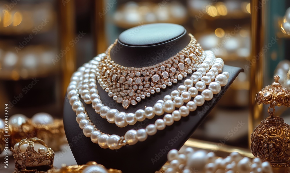 Elegant jewelry display featuring pearl necklaces and diamond-studded collar, luxurious showcase of opulent accessories Elegant jewelry display featuring pearl necklaces and diamond-studded collar, luxurious showcase of opulent accessories