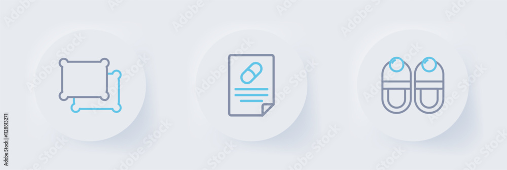 Set line Slippers, Medical prescription and Pillow icon. Vector Set line Slippers, Medical prescription and Pillow icon. Vector