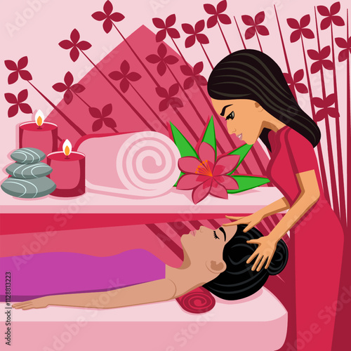 Relaxation massage. Therapy and treatment by professional therapist in SPA. Isolated flat vector illustration. Eastern and Indian ethnicity.