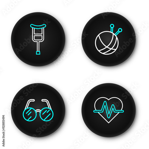 Set line Heart rate, Eyeglasses, Yarn ball with knitting needles and Crutch or crutches icon. Vector