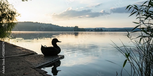 Charming Rubber Duck Silhouette Design on a Serene Lake Background with Soft Reflections and Gentle Ripples, Perfect for Playful Branding and Creative Projects photo