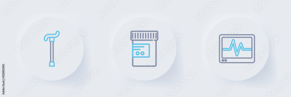 Set line Monitor with cardiogram, Medicine bottle and pills and Walking stick cane icon. Vector Set line Monitor with cardiogram, Medicine bottle and pills and Walking stick cane icon. Vector