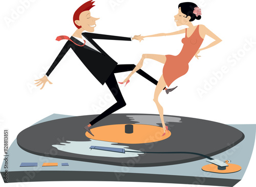 Romantic young couple dancing on the long play record. Happy young man and woman dancing on the long play record. Isolated on white background
