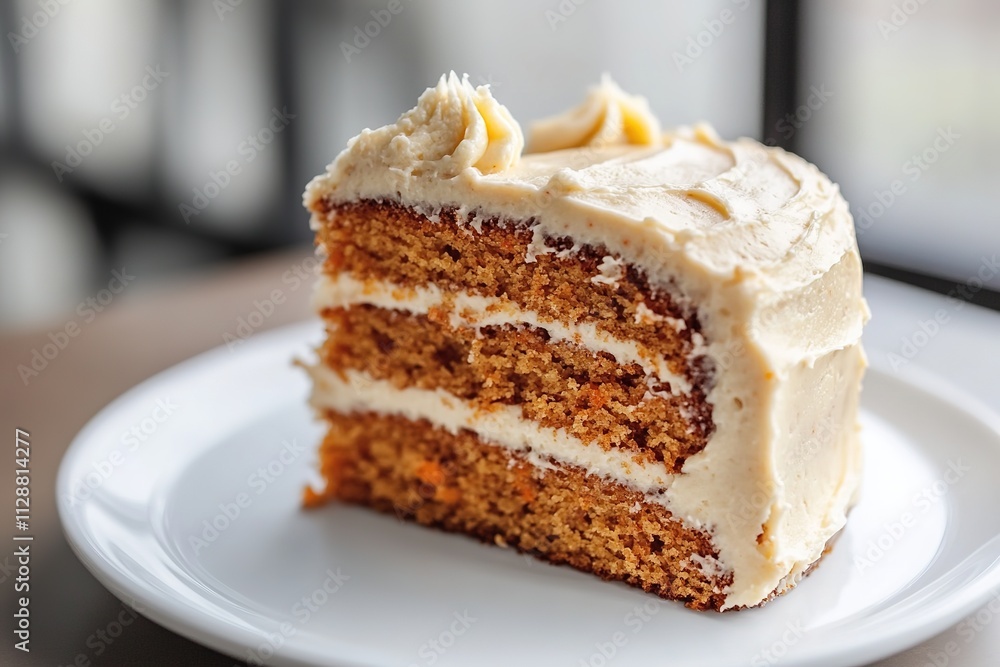 Close-up of carrot cake slice on plate with cream cheese frosting Close-up of carrot cake slice on plate with cream cheese frosting