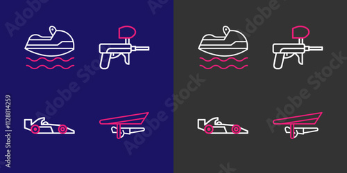 Set line Hang glider, Formula 1 racing car, Paintball gun and Jet ski icon. Vector