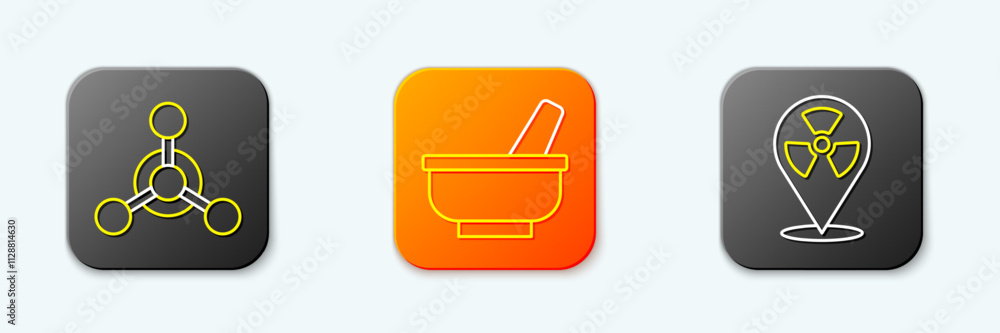 Set line Molecule, Mortar and pestle and Radioactive in location icon. Vector Set line Molecule, Mortar and pestle and Radioactive in location icon. Vector