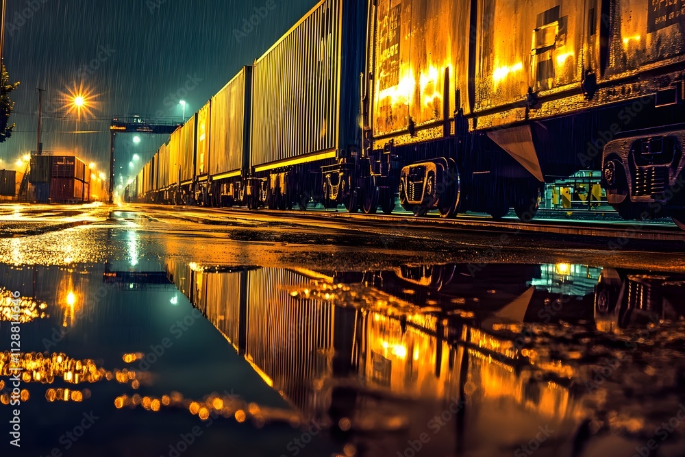 Obraz premium A freight train parked in a rainy train yard, with raindrops glistening on the shipping containers and reflective puddles on the ground.