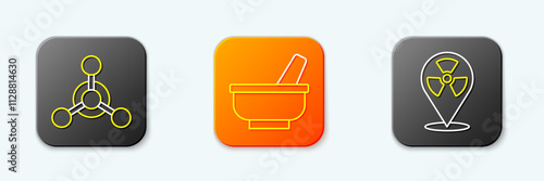 Set line Molecule, Mortar and pestle and Radioactive in location icon. Vector