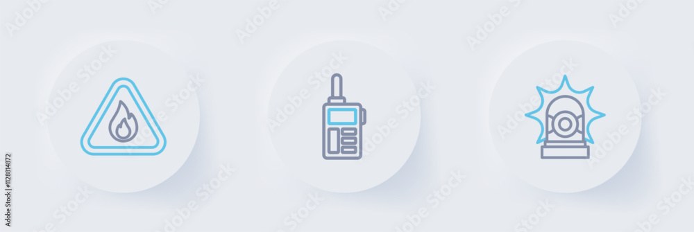 Set line Flasher siren, Walkie talkie and Fire flame in triangle icon. Vector Set line Flasher siren, Walkie talkie and Fire flame in triangle icon. Vector