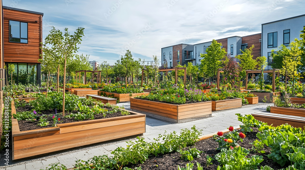 Fototapeta premium New York urban community garden with vegetable beds and floral planters, vibrant city oasis
