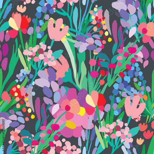 Seamless pattern of colorful flowers and leaves on a dark background. Floral textile print design. Vector wildflowers
