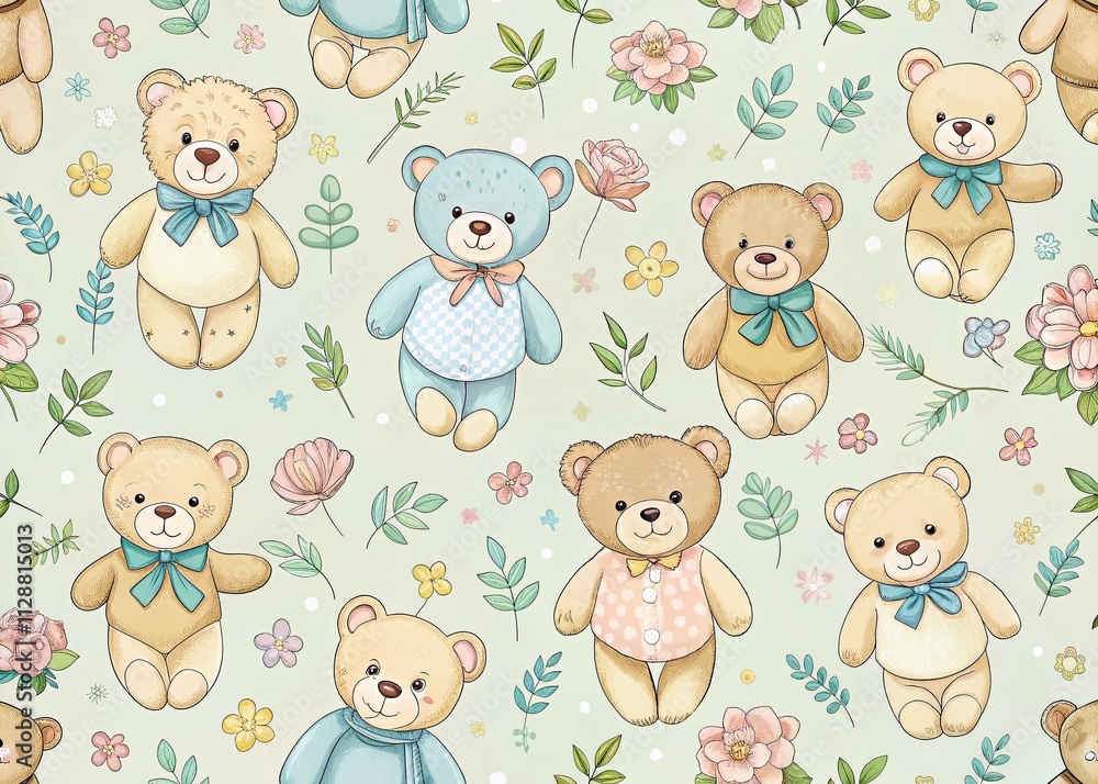 Charming Teddy Bears Pattern with Soft Pastel Colors and Cute Designs, Perfect for Children's Room Decor and Apparel, Featuring Adorable Teddy Bears in Various Poses. Charming Teddy Bears Pattern with Soft Pastel Colors and Cute Designs, Perfect for Children's Room Decor and Apparel, Featuring Adorable Teddy Bears in Various Poses.
