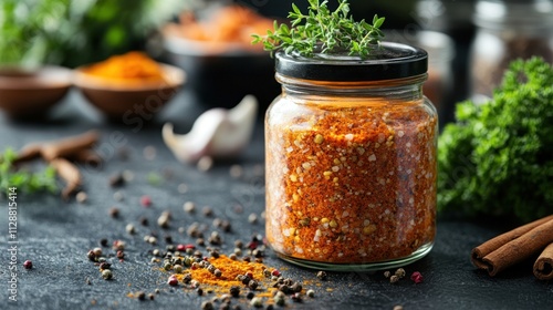 Fototapeta Naklejka Na Ścianę i Meble -  Glass jar of spice blend on dark surface with various spices around it.