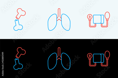 Set line Blood pressure, Human broken bone and Lungs icon. Vector