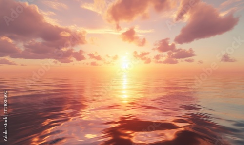 Sunset over calm ocean water, vibrant colors reflecting on surface, serene atmosphere, fluffy clouds in sky