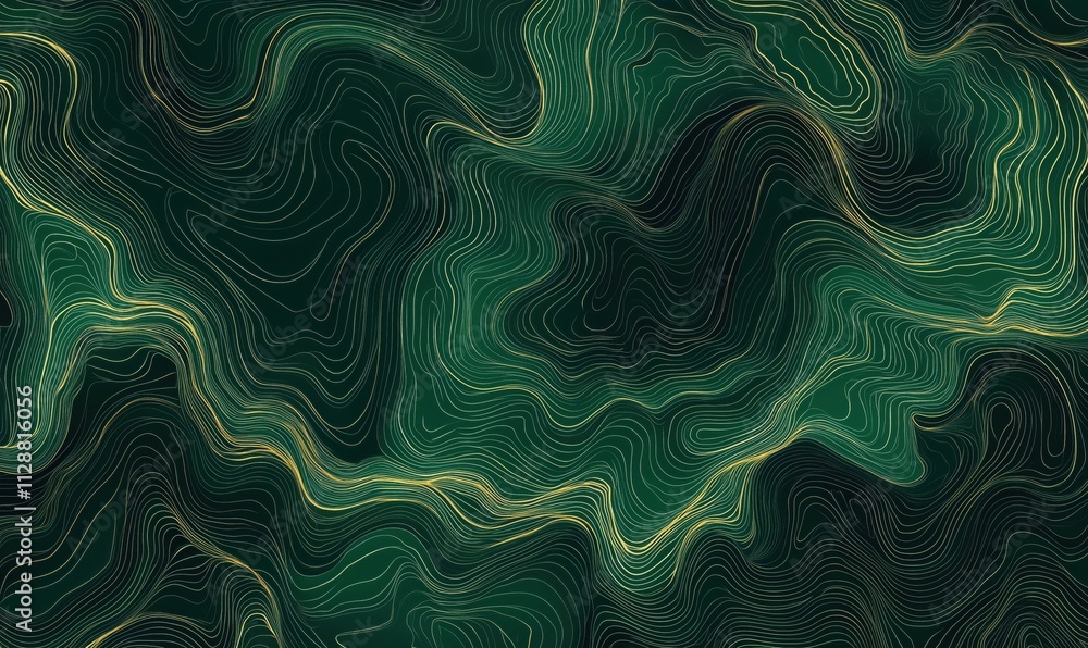 Abstract green wavy lines, intricate patterns, smooth curves, layered textures, dark background, flowing design, modern art, digital illustration Abstract green wavy lines, intricate patterns, smooth curves, layered textures, dark background, flowing design, modern art, digital illustration