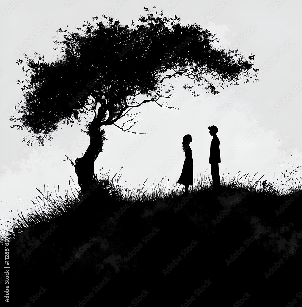 drawing of two lovers sitting under tree, on a white background drawing of two lovers sitting under tree, on a white background