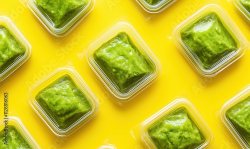 Green sauce containers arranged on yellow background. Multiple square plastic containers filled with vibrant green sauce, neatly organized, bright yellow backdrop. photo