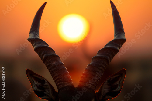 The horns of an antelope gainst a dramatic sunset sky. photo