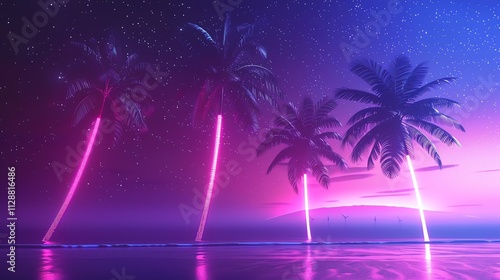 A retro-futuristic tropical beach scene with neon lights, a large pink sun, and palm trees.